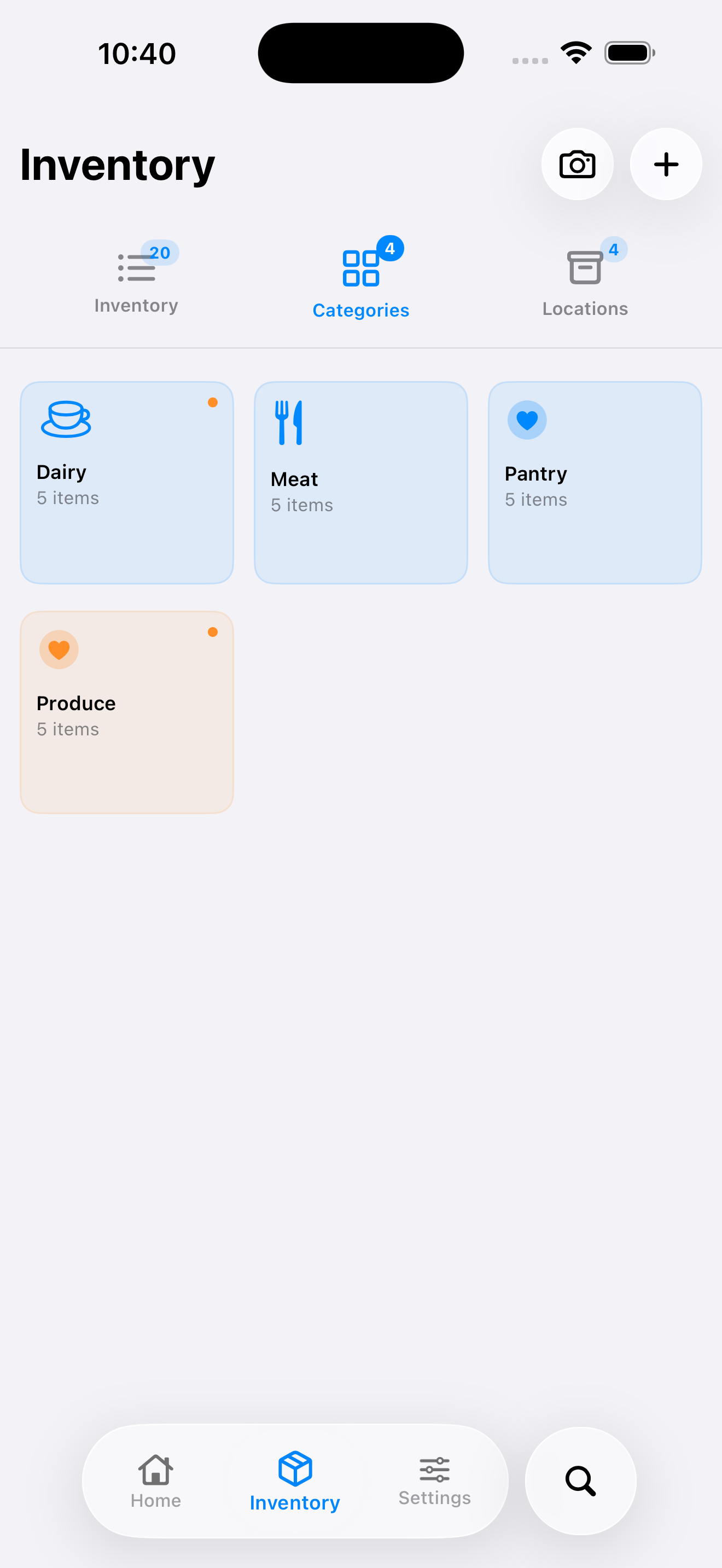 MODUS categories screen